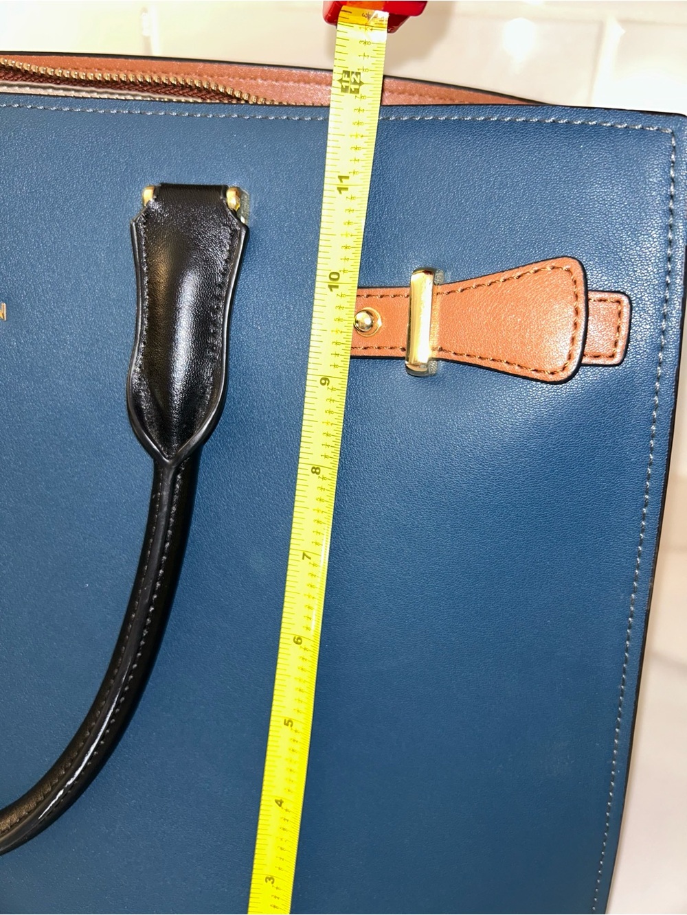 Bostanten Leather Laptop Tote Bag in Navy with Black Handles and Tan Trim/lining - Picture 4 of 15